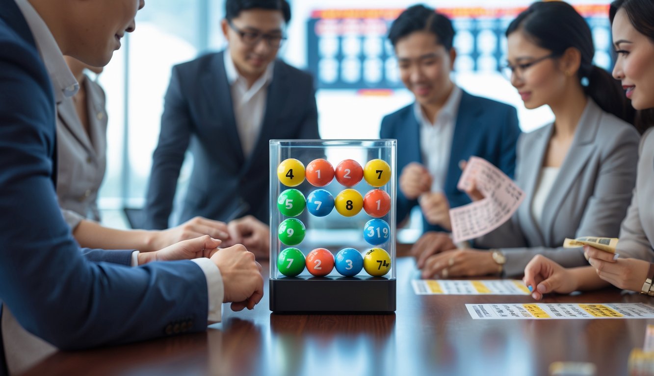 Sekelompok orang sedang berkumpul di sekitar meja dengan mesin undian berisi bola bernomor, menunjukkan suasana permainan togel 4D.
