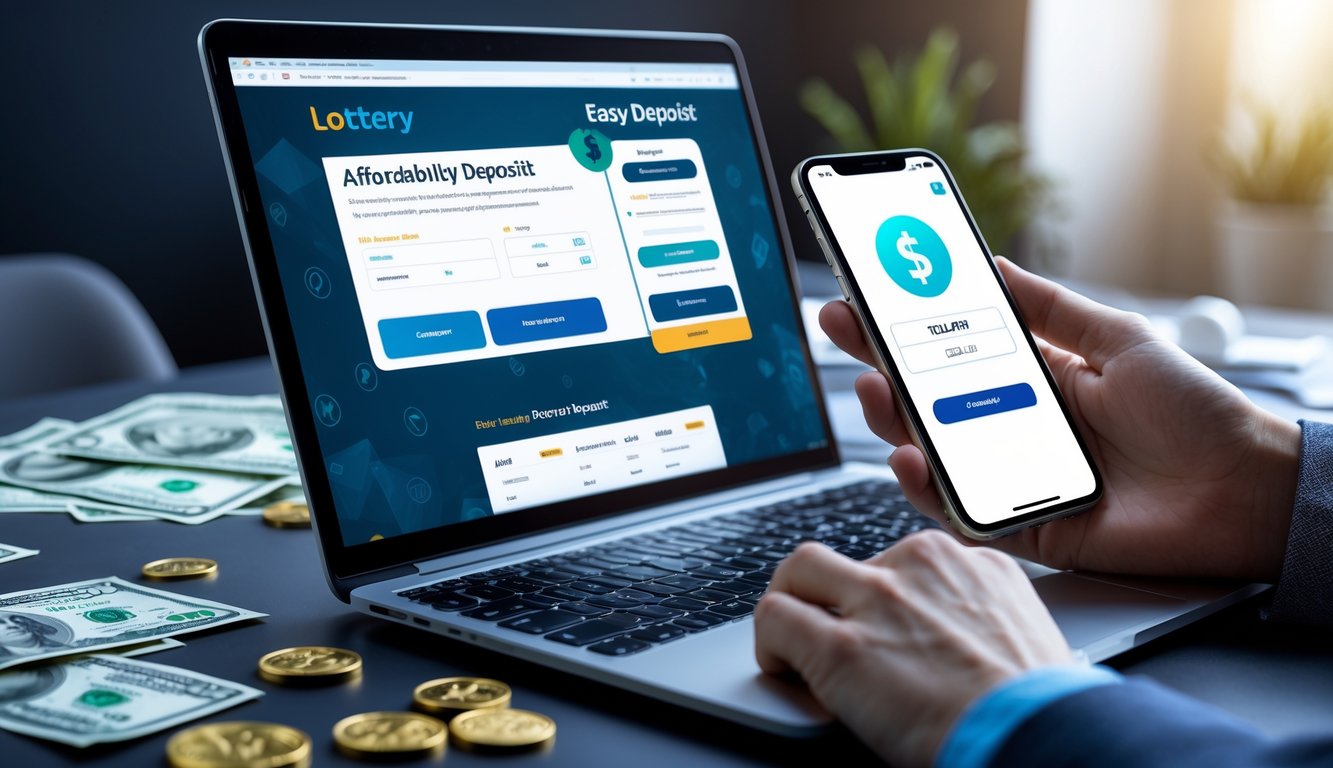 Seseorang menggunakan laptop dan ponsel untuk melakukan deposit dalam permainan togel online dengan suasana kerja modern.