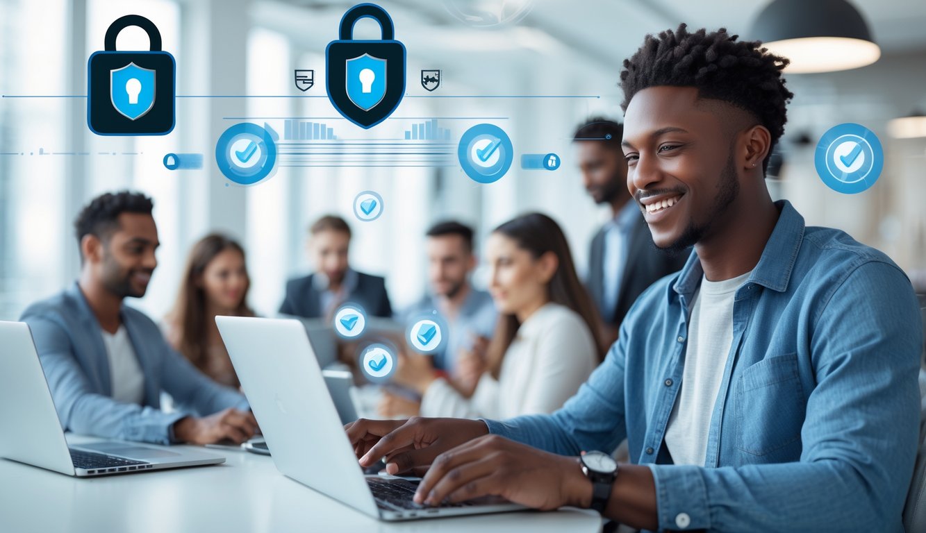 Seseorang menggunakan laptop dan ponsel di kantor modern dengan ikon keamanan digital di latar belakang.