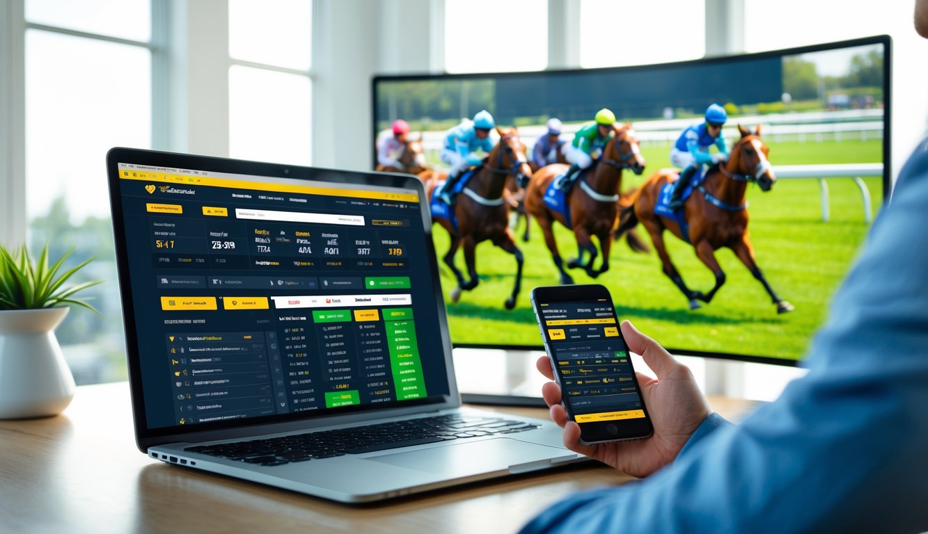 Seseorang menggunakan laptop dan ponsel untuk memasang taruhan pacuan kuda online dengan layar besar menampilkan balapan kuda secara langsung.