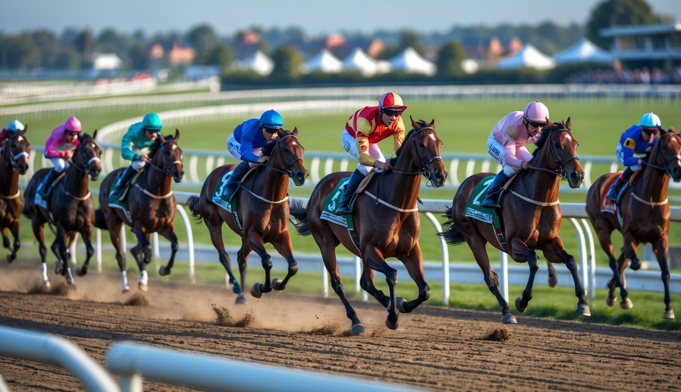 Beberapa kuda pacuan dengan joki berwarna-warni sedang berlari cepat di lintasan pacuan kuda dengan latar belakang tribun penonton dan langit biru.