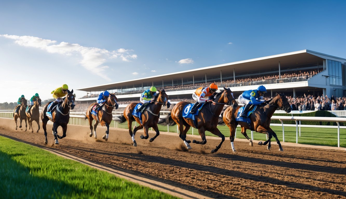 Beberapa kuda pacuan dengan joki sedang berlari cepat di lintasan pacuan kuda dengan penonton di tribun latar belakang.