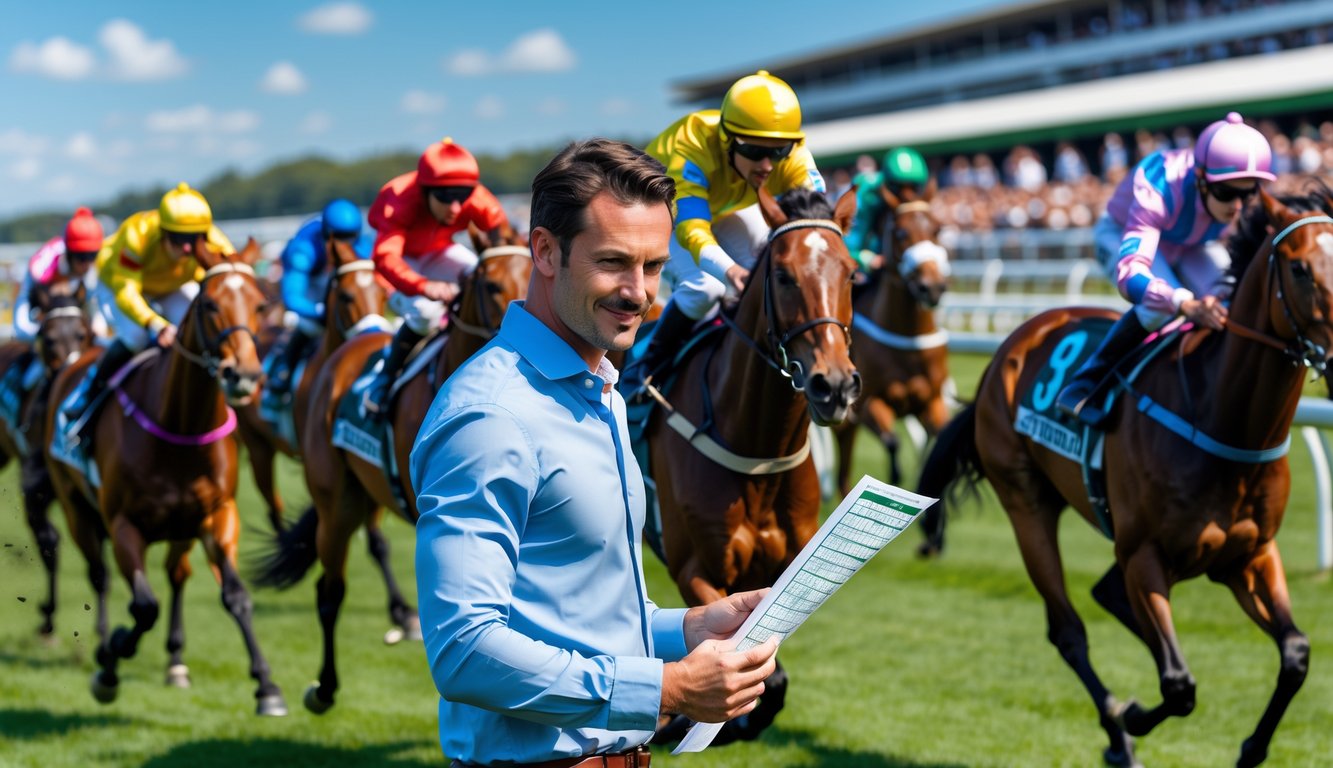 Seorang pria memegang slip taruhan sambil menonton pacuan kuda yang sedang berlangsung di lintasan dengan joki menunggang kuda berlari kencang.