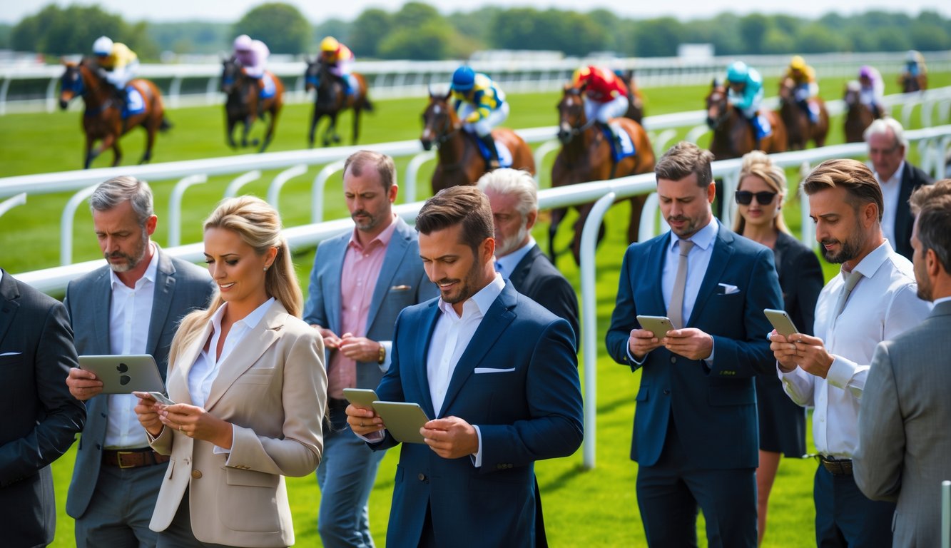 Orang-orang sedang bertaruh pada pacuan kuda di dekat lintasan dengan kuda dan joki yang sedang berlomba di latar belakang.