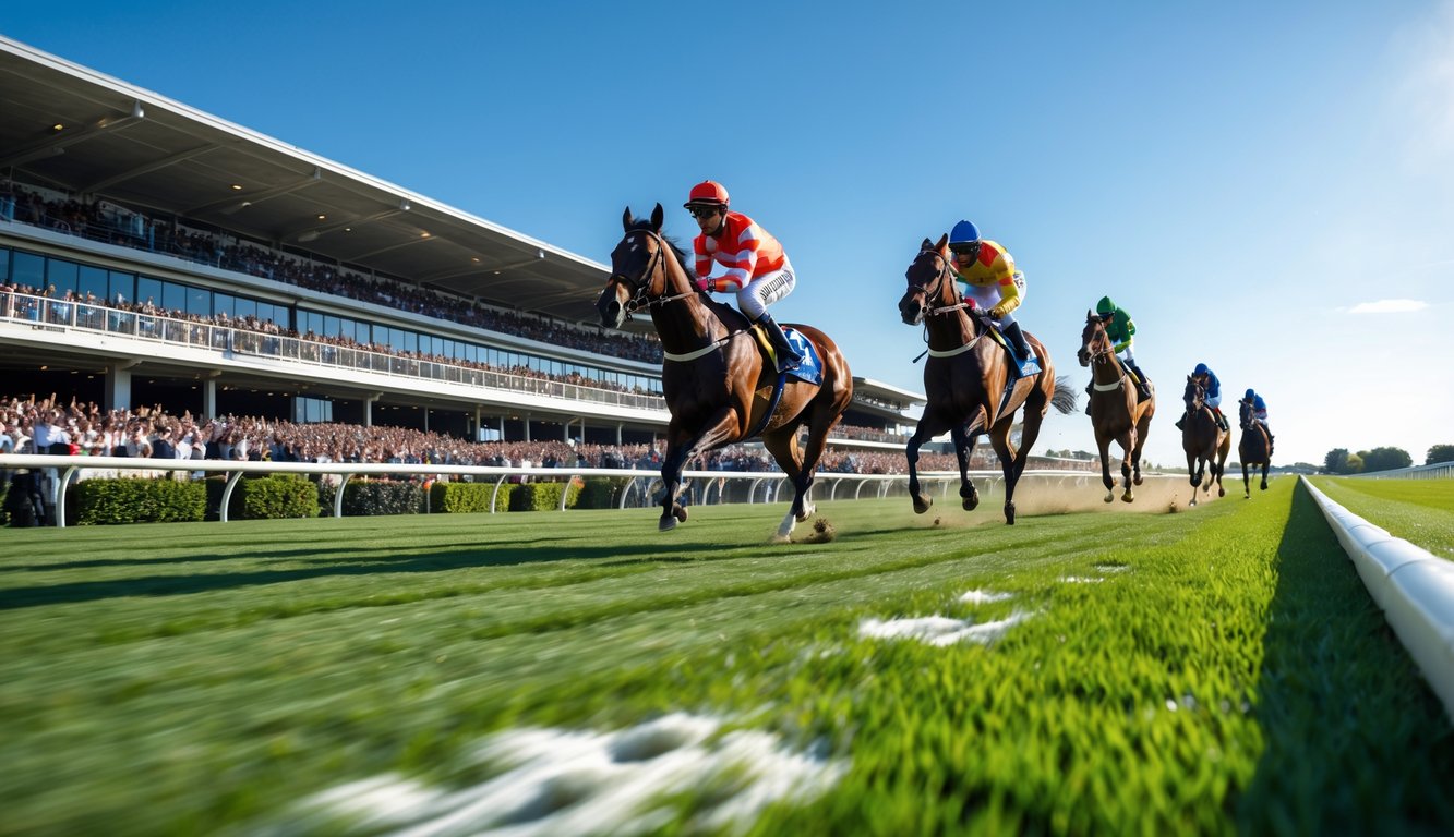 Balapan kuda sedang berlangsung di lintasan pacu dengan penonton di tribun dan beberapa joki menunggang kuda dalam perlombaan.