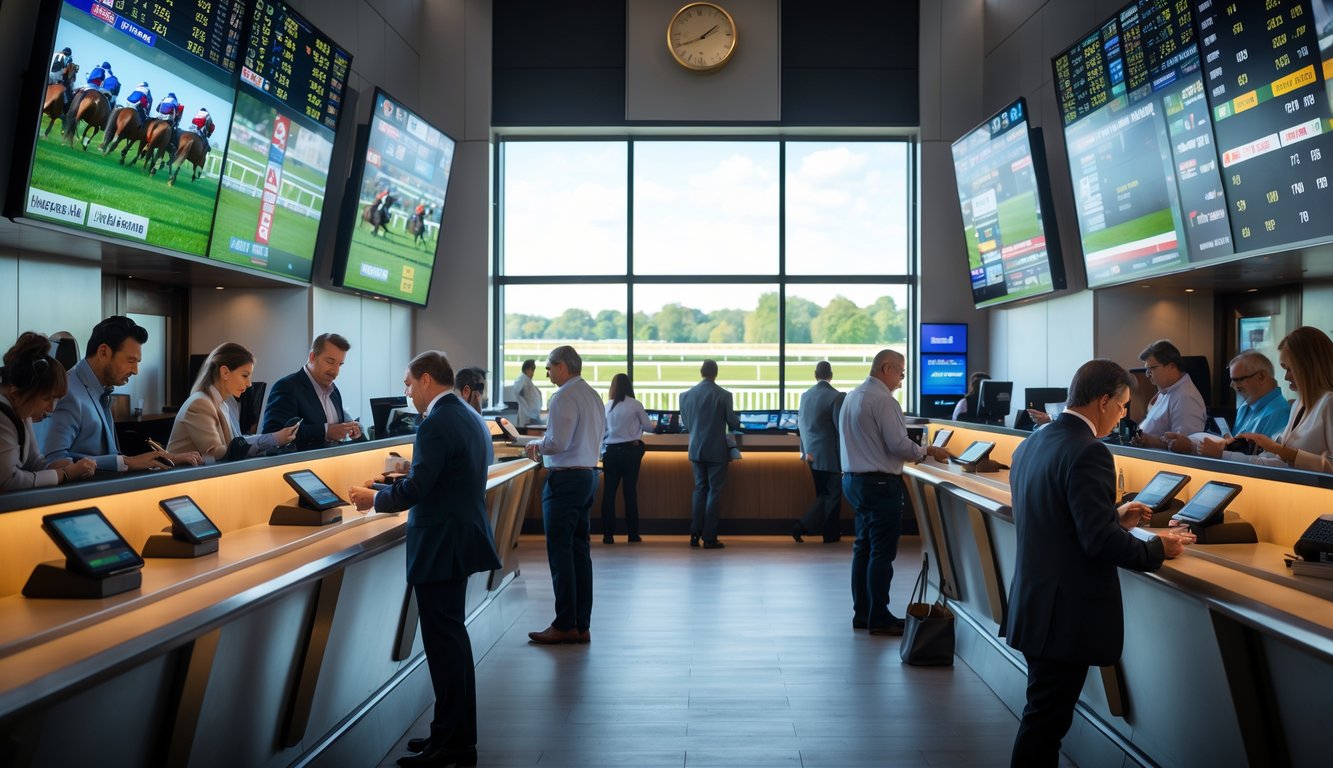 Suasana ramai di tempat taruhan pacuan kuda dengan orang-orang memasang taruhan dan layar besar menampilkan balapan kuda.