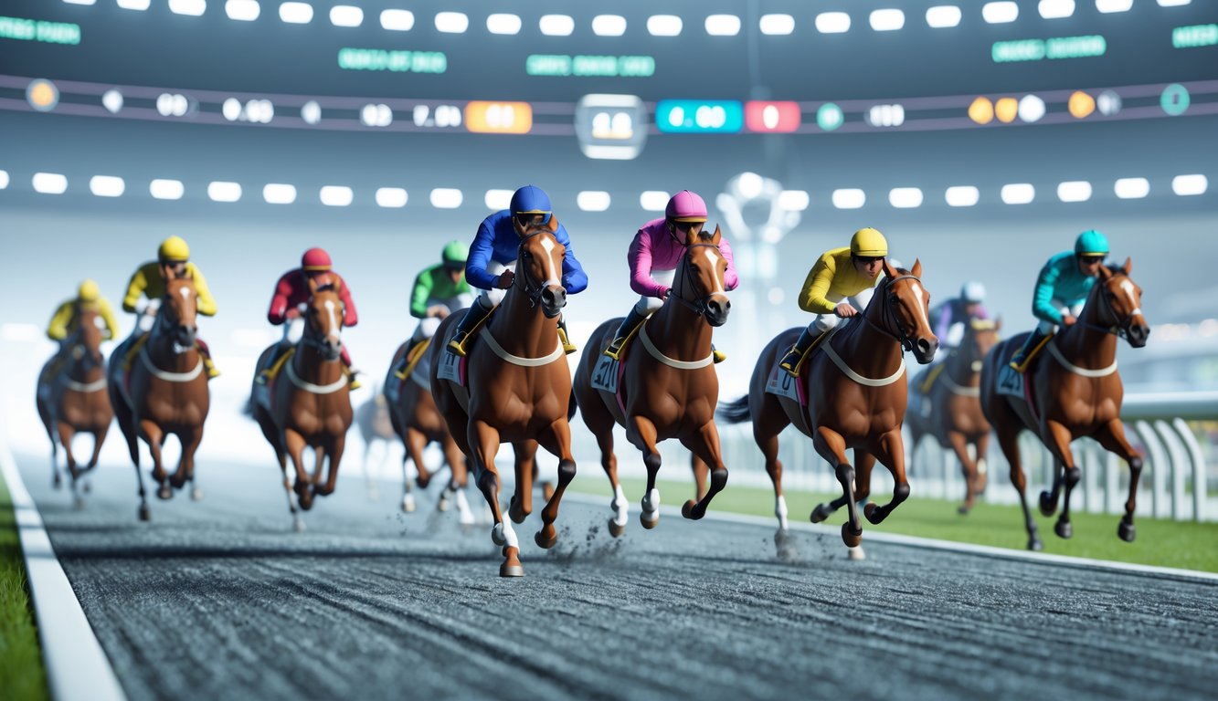 Adegan balapan kuda virtual dengan beberapa kuda dan joki berlari di lintasan balap digital.