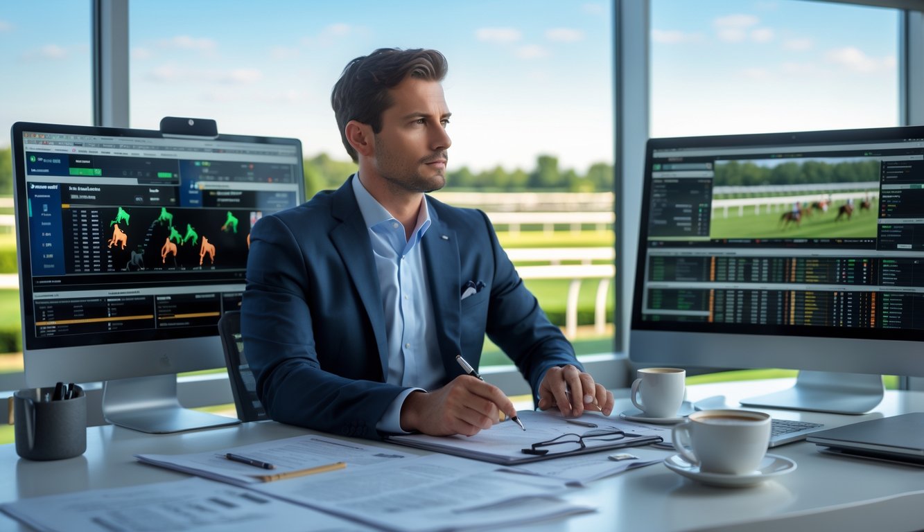 Seorang analis pacuan kuda sedang bekerja di depan komputer dengan layar yang menampilkan statistik dan video balapan kuda, di latar belakang terlihat arena pacuan kuda dengan kuda yang sedang berlari.