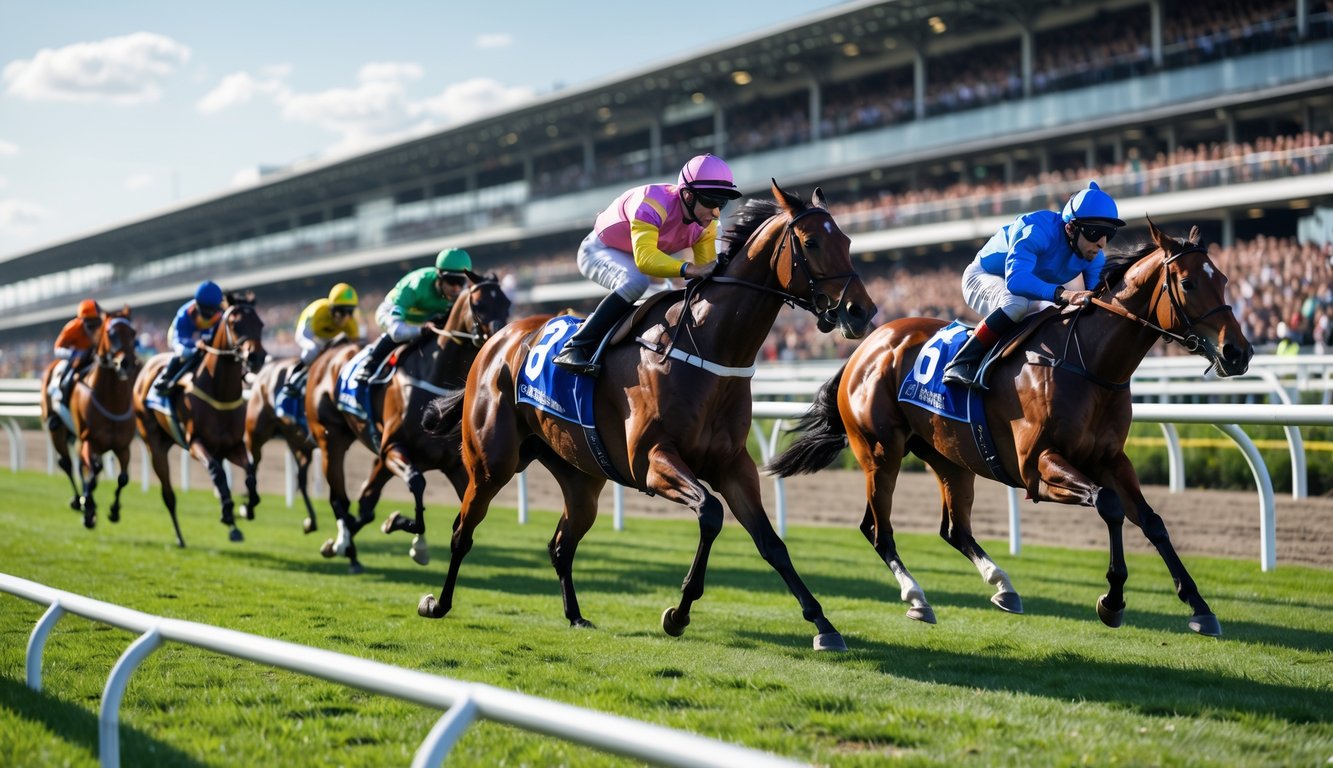 Beberapa kuda pacuan sedang berlari kencang di lintasan dengan joki mengenakan pakaian berwarna-warni, di latar belakang terdapat penonton yang ramai.