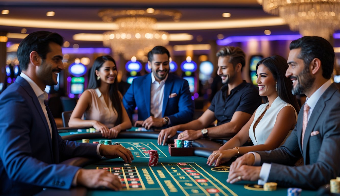 Suasana kasino mewah dengan meja poker, roda roulette, dan mesin slot, orang-orang berpakaian rapi sedang bermain dan menikmati permainan.