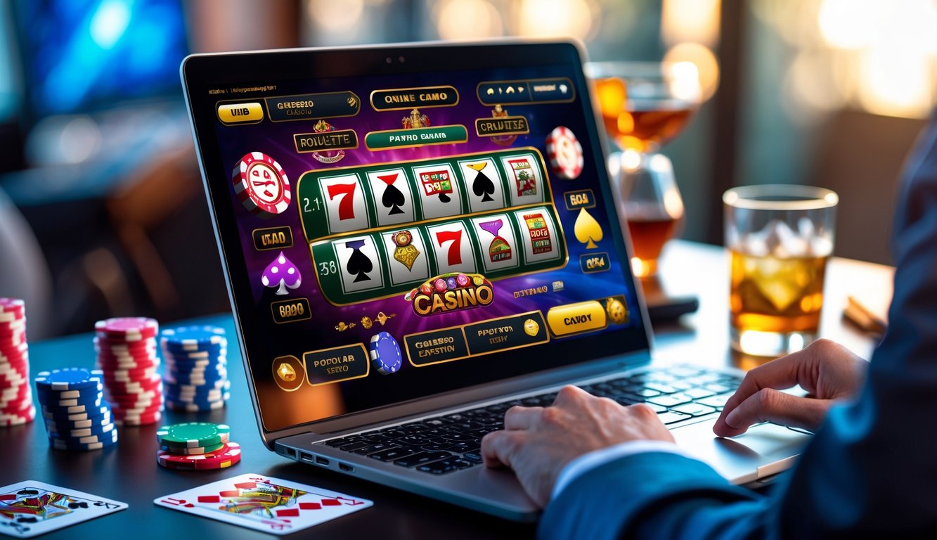 Layar komputer menampilkan permainan kasino online populer dengan chip poker dan kartu di meja.