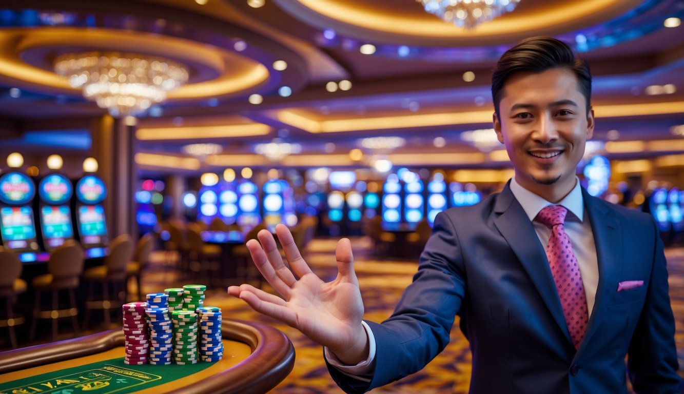 Seorang tuan rumah kasino tersenyum menyambut pengunjung di dalam kasino yang mewah dengan meja permainan dan mesin slot di latar belakang.