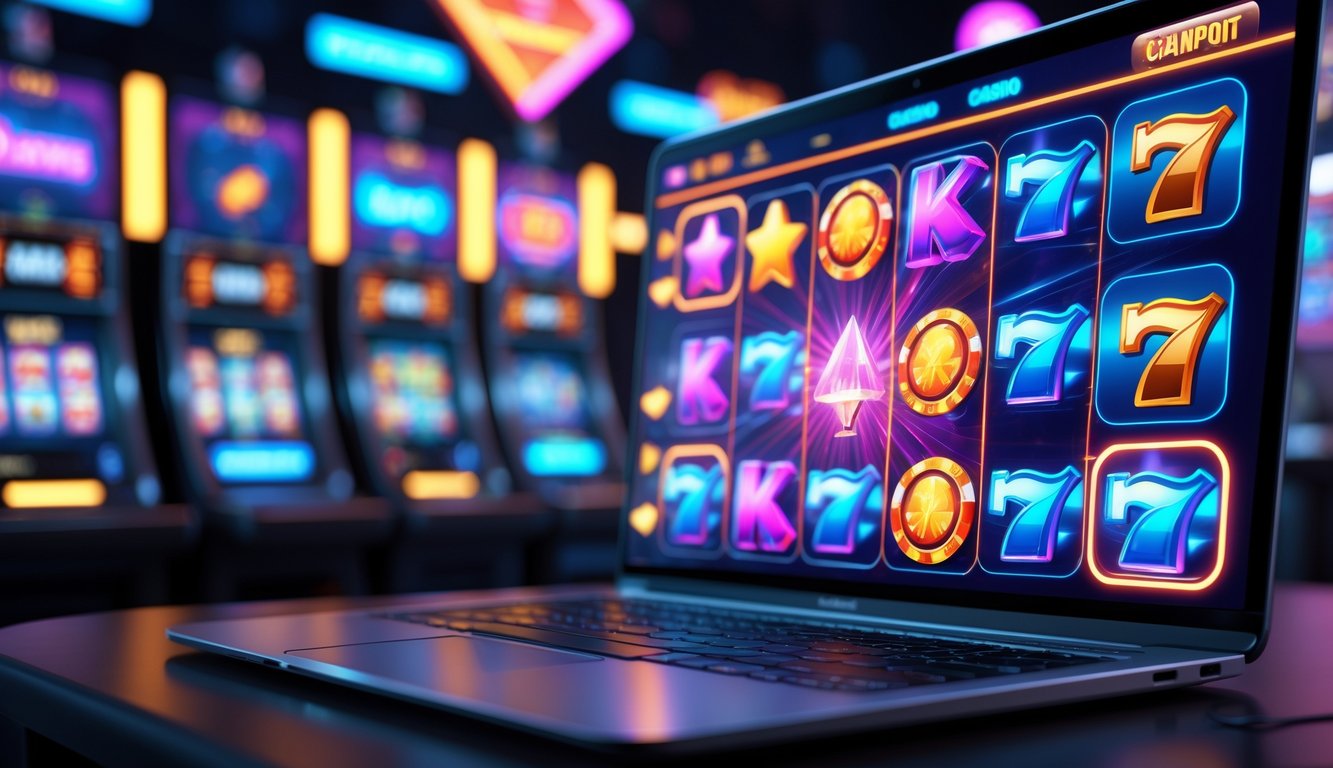 Sebuah komputer menampilkan permainan mesin slot online dengan simbol jackpot yang berwarna-warni.