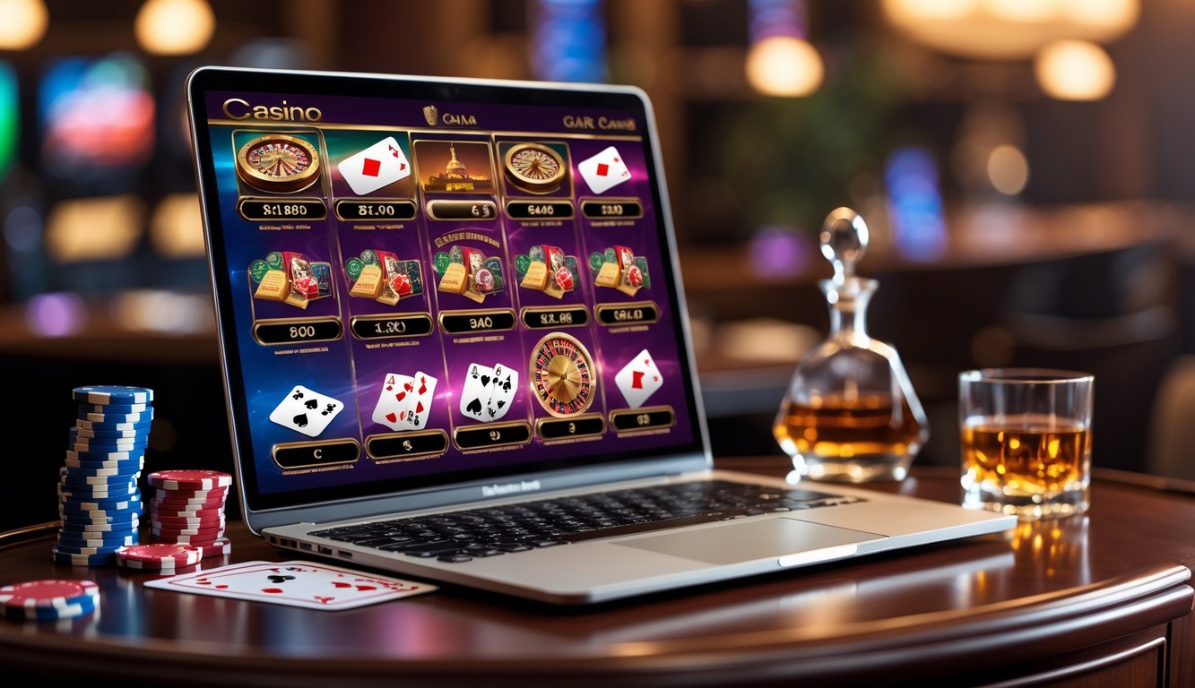Seorang pemain sedang menggunakan komputer dengan tampilan permainan kasino online, dikelilingi oleh chip poker dan kartu remi di atas meja kayu.