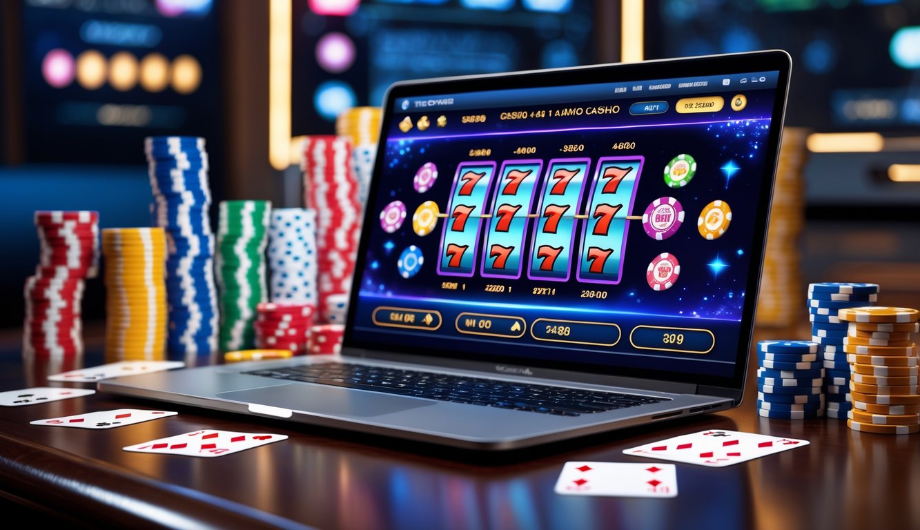 Sebuah laptop menampilkan permainan kasino online dengan chip poker, kartu remi, dan dadu di atas meja kayu.
