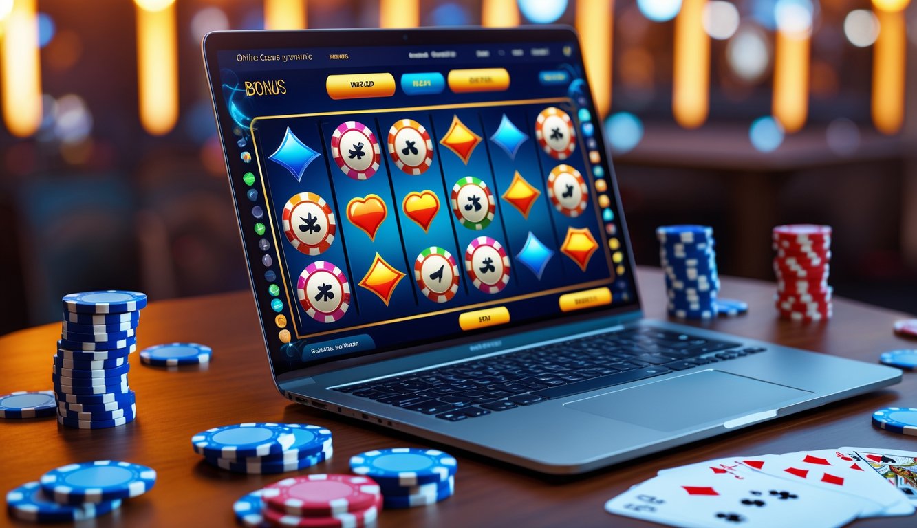 Sebuah laptop dengan layar menampilkan permainan kasino online dan beberapa chip poker serta kartu di atas meja kayu.