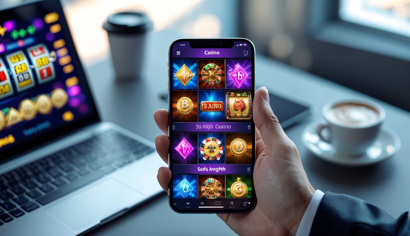 Seseorang memegang smartphone yang menampilkan antarmuka aplikasi kasino online dengan grafik permainan kasino yang berwarna-warni di ruang kerja modern.