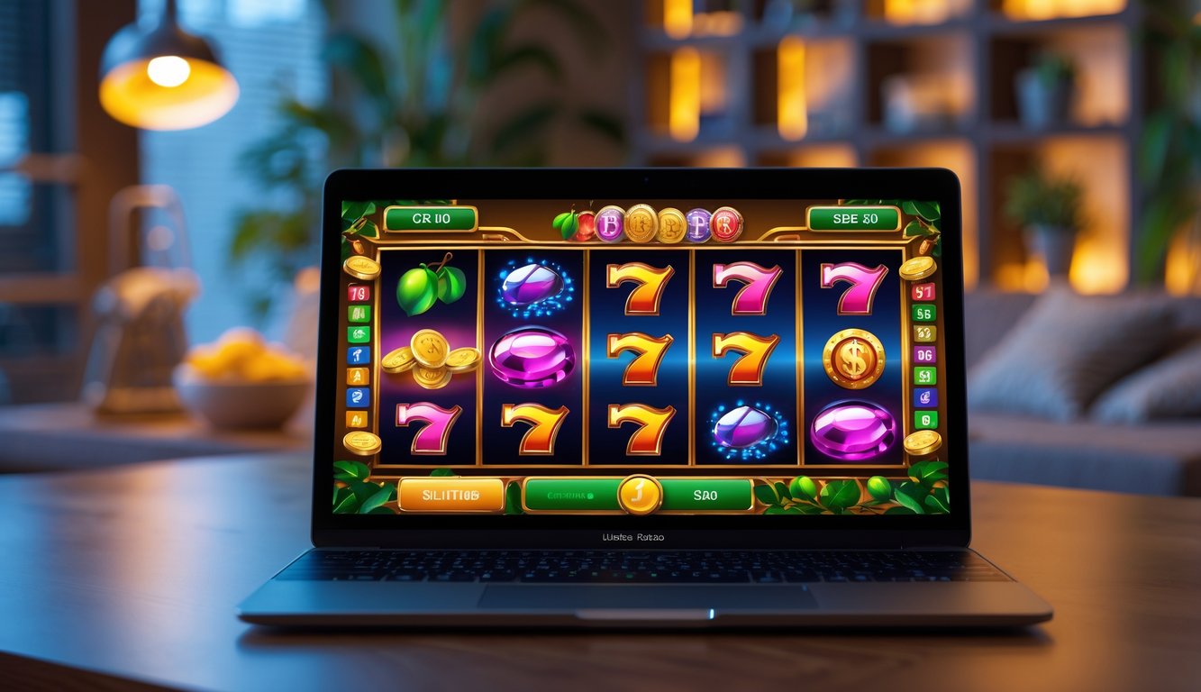 Layar laptop menampilkan permainan slot kasino online dengan simbol warna-warni di meja kayu dalam ruangan yang nyaman.