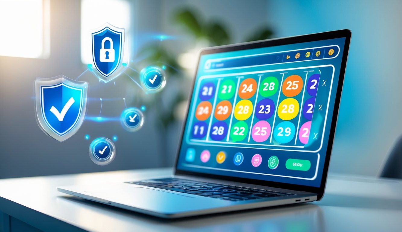 Sebuah laptop di atas meja dengan layar menampilkan angka lotere dan simbol keamanan digital di sekitarnya.