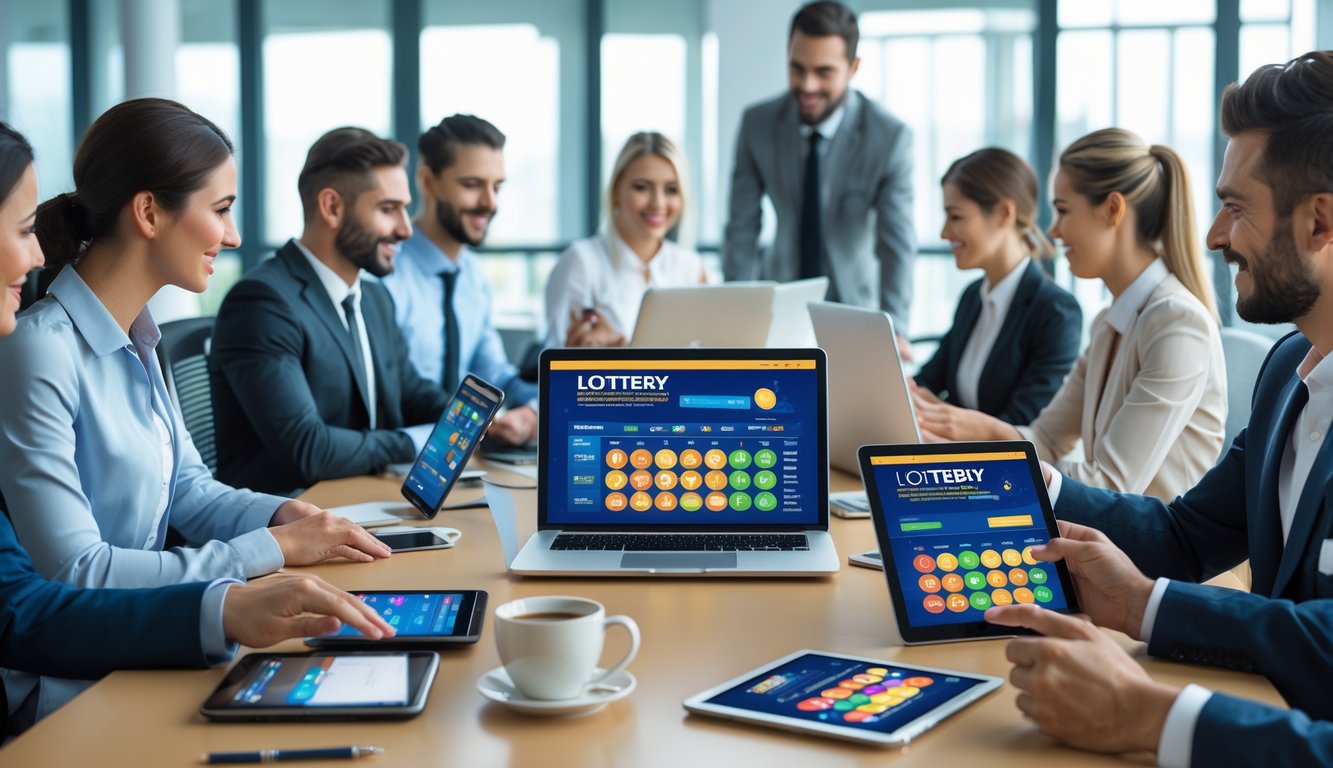 Sekelompok orang sedang menggunakan perangkat digital di kantor modern yang terang untuk bermain lotere online.