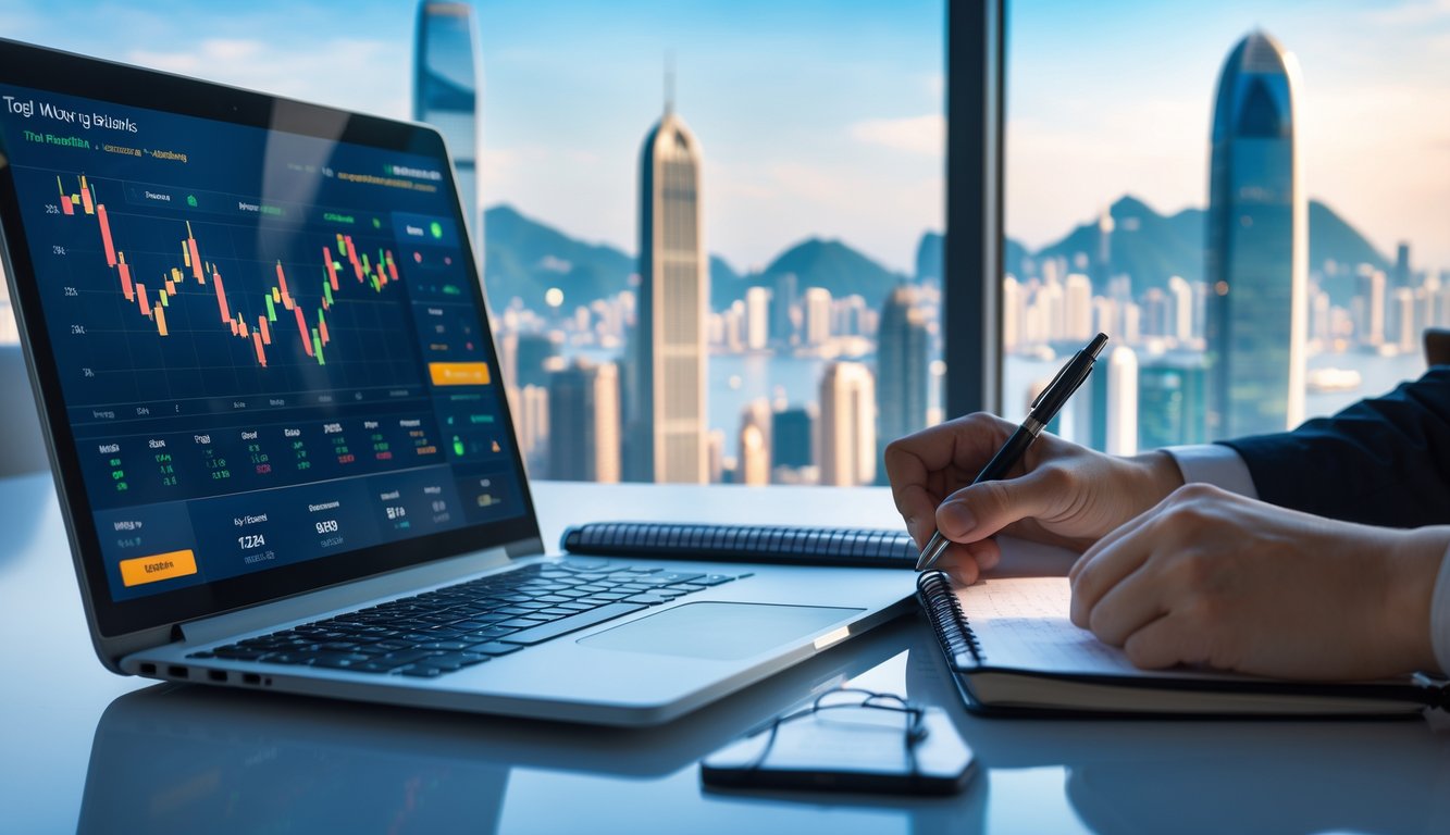 Seseorang sedang menganalisis data di meja kerja dengan latar belakang pemandangan kota Hong Kong.