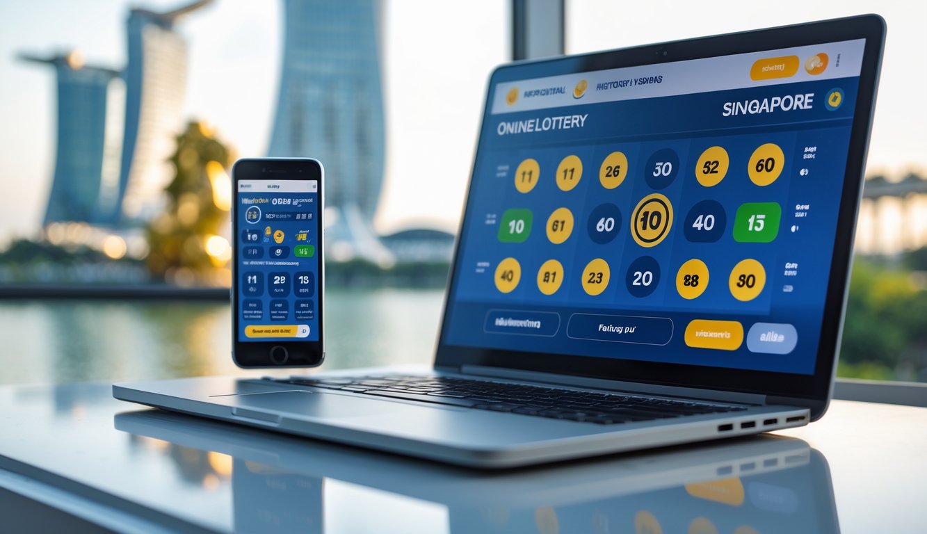 Sebuah meja kerja modern dengan laptop dan ponsel yang menampilkan antarmuka lotere online dengan latar belakang samar-samar gedung ikonik Singapura.