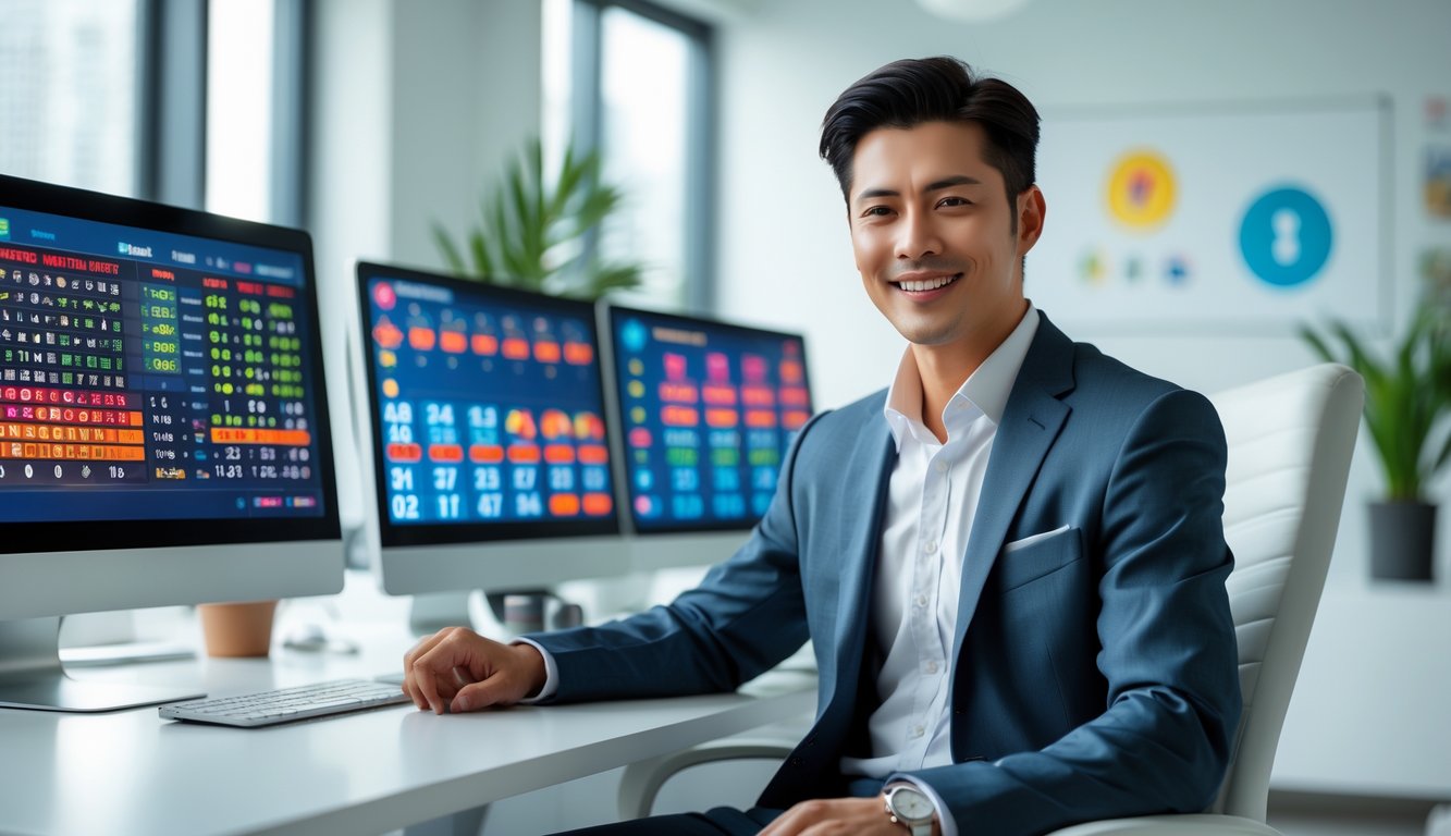 Seorang pria muda duduk di meja kantor dengan beberapa monitor komputer menampilkan grafik dan angka terkait permainan lotere online.