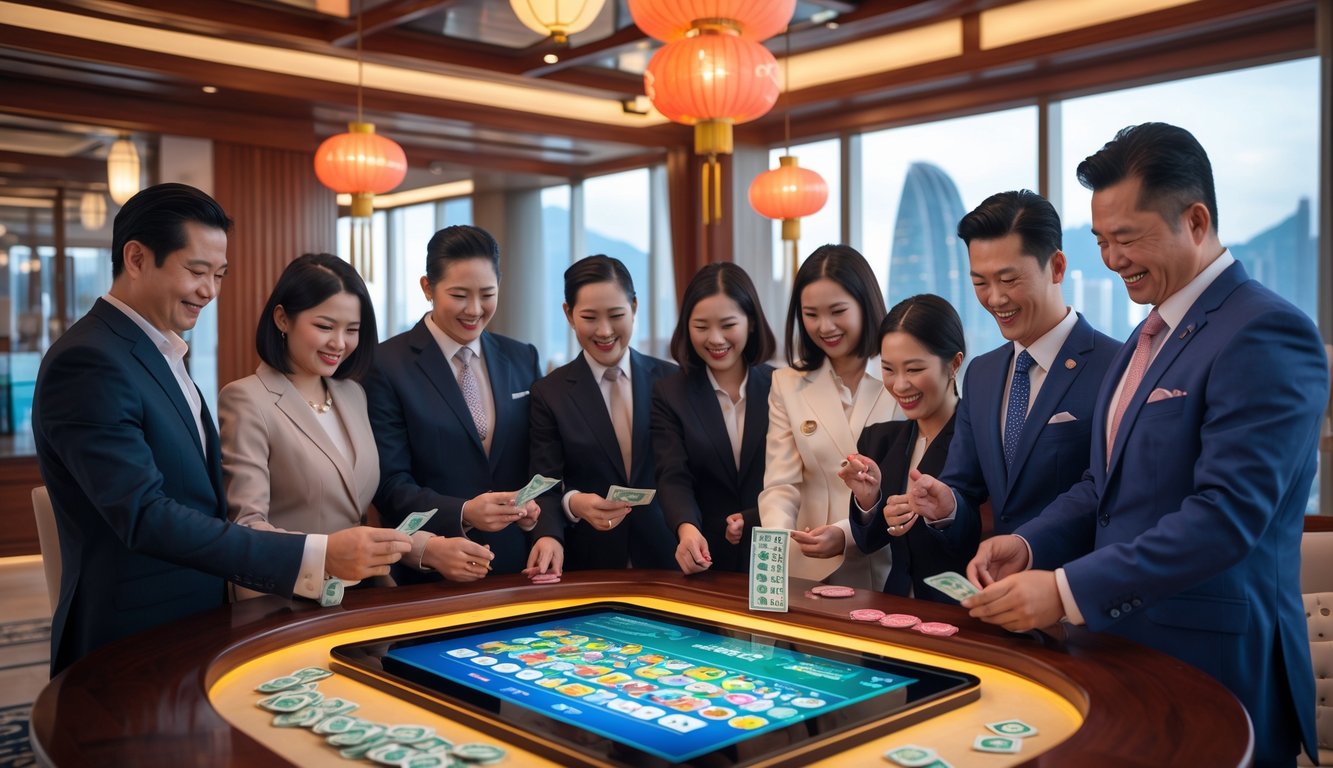 Orang-orang profesional di ruang permainan modern memeriksa tiket lotre dengan latar belakang pemandangan kota Macau.