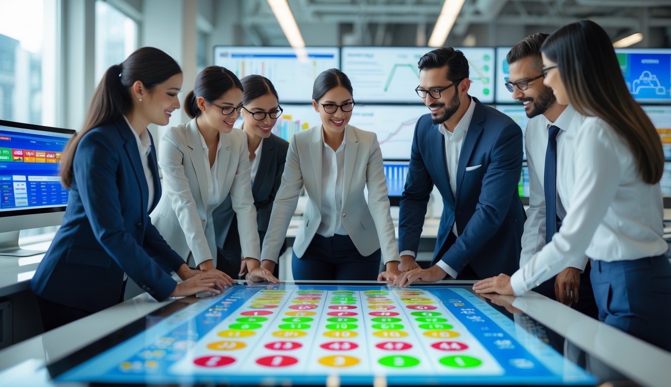 Sekelompok profesional bekerja bersama di kantor modern dengan layar sentuh besar menampilkan angka lotere dan grafik.