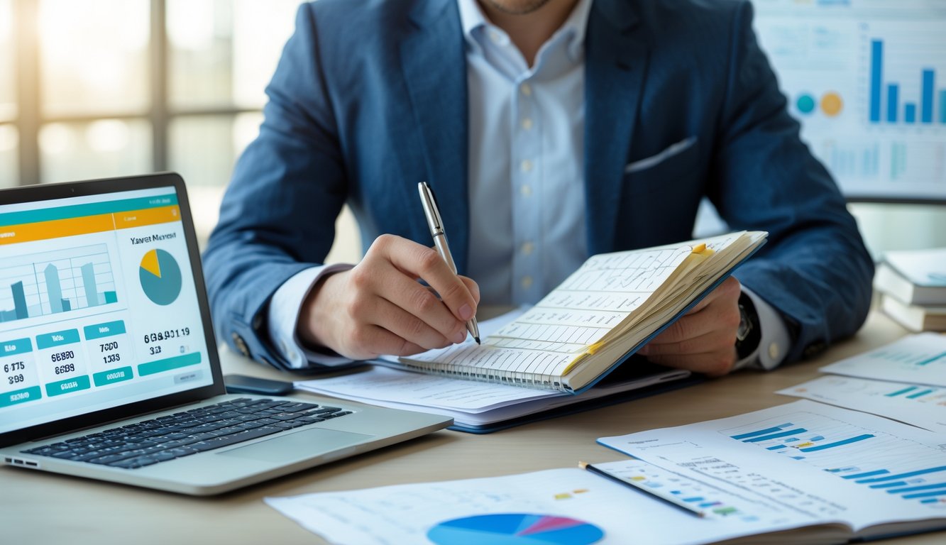 Seseorang sedang menganalisis prediksi togel di meja kerja dengan laptop, buku catatan, dan kalkulator.
