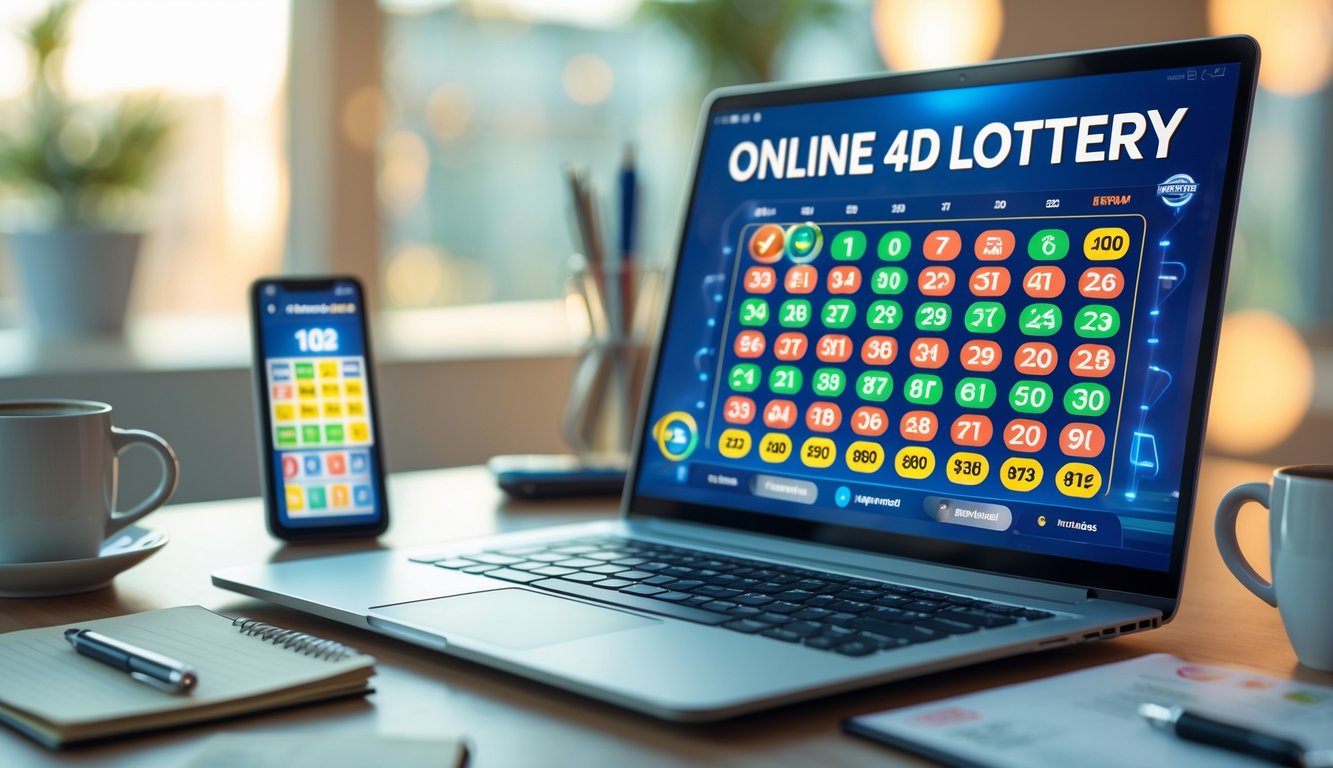 Seorang pria menggunakan laptop di meja kerja dengan tampilan antarmuka lotere digital di layar.