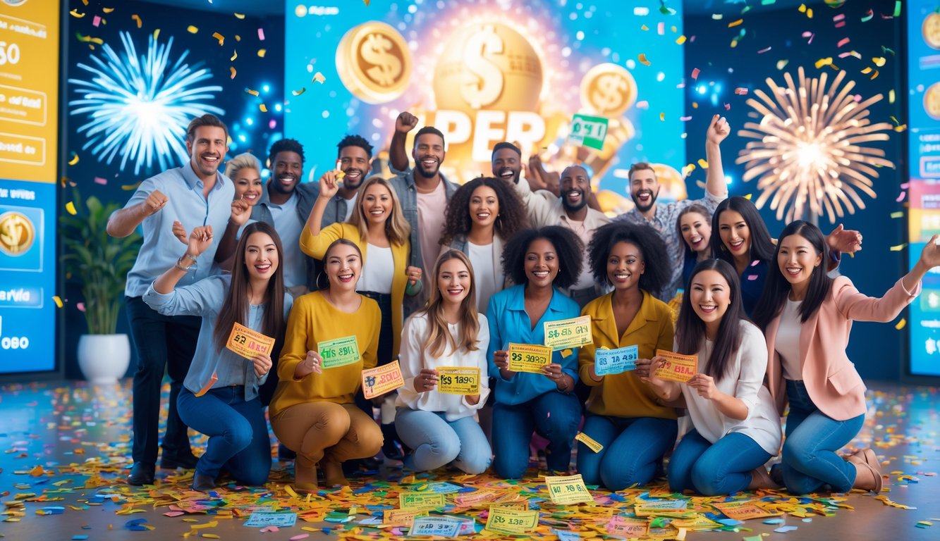 Sekelompok orang yang sedang merayakan kemenangan jackpot togel besar dengan tiket dan confetti di sekitar mereka.