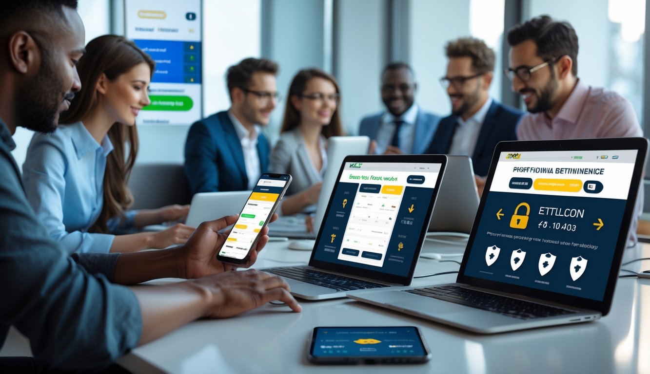 Orang-orang menggunakan perangkat digital di ruang kerja modern yang menunjukkan suasana taruhan online yang aman dan terpercaya.