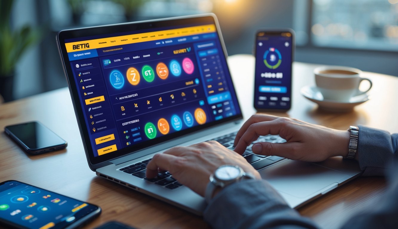 Seseorang menggunakan laptop di meja kerja dengan tampilan situs taruhan online dan perangkat elektronik di sekitarnya.