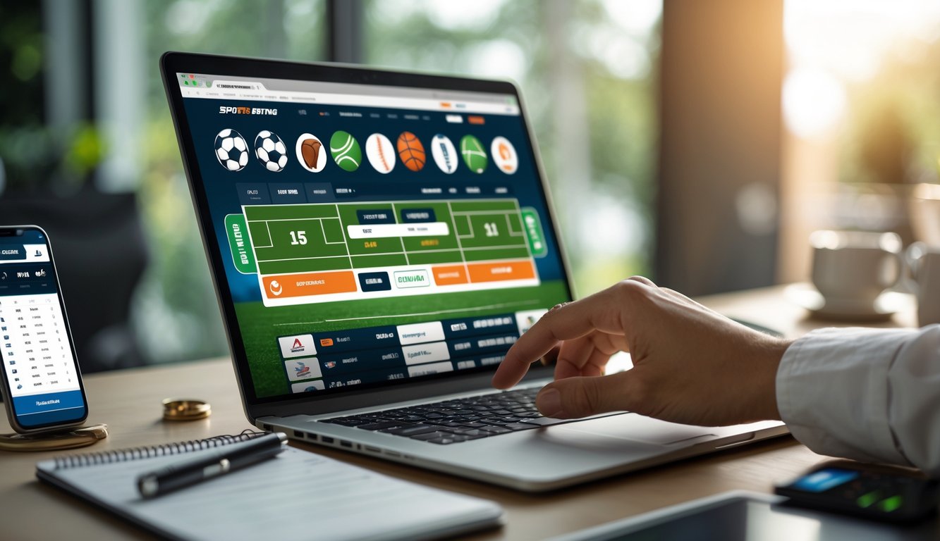 Seseorang menggunakan laptop di meja kerja yang menampilkan situs taruhan olahraga online dengan ikon berbagai jenis olahraga.