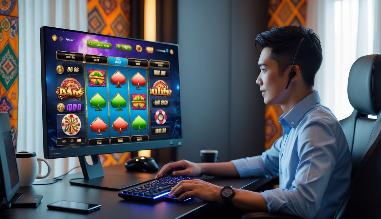 Seorang dewasa muda Indonesia duduk di depan komputer di ruang kerja yang rapi, bermain permainan judi online dengan latar dekorasi batik.