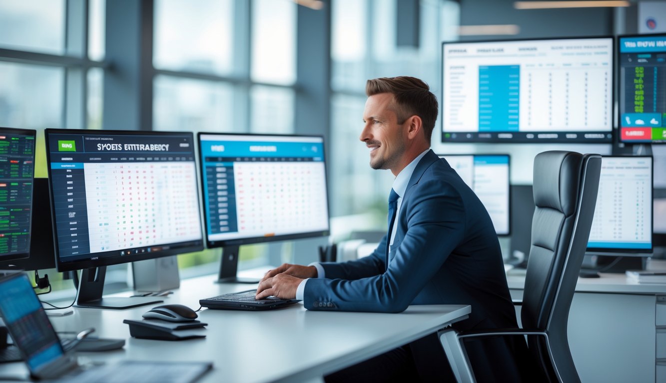 Seorang profesional duduk di meja kantor modern dengan beberapa monitor komputer yang menampilkan statistik taruhan olahraga.