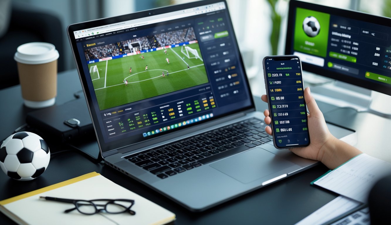 Meja kerja dengan laptop menampilkan pertandingan sepak bola, ponsel dengan aplikasi taruhan, dan perlengkapan kerja lainnya.