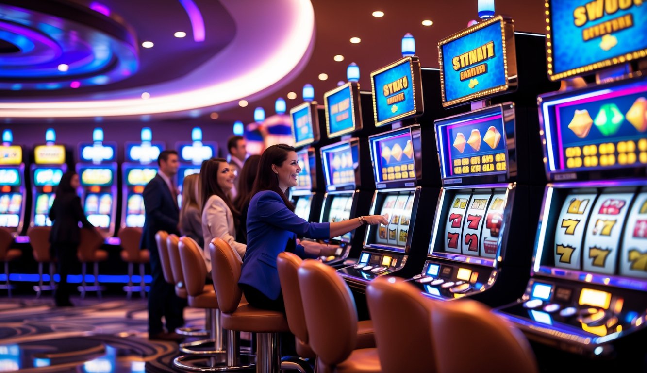 Orang-orang bermain mesin slot di dalam kasino yang terang dan ramai.