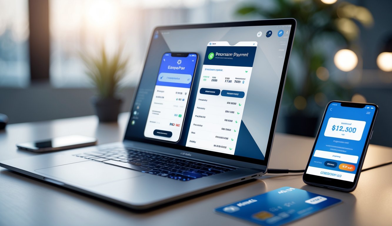 Meja kerja dengan laptop dan ponsel yang menampilkan sistem pembayaran taruhan online.