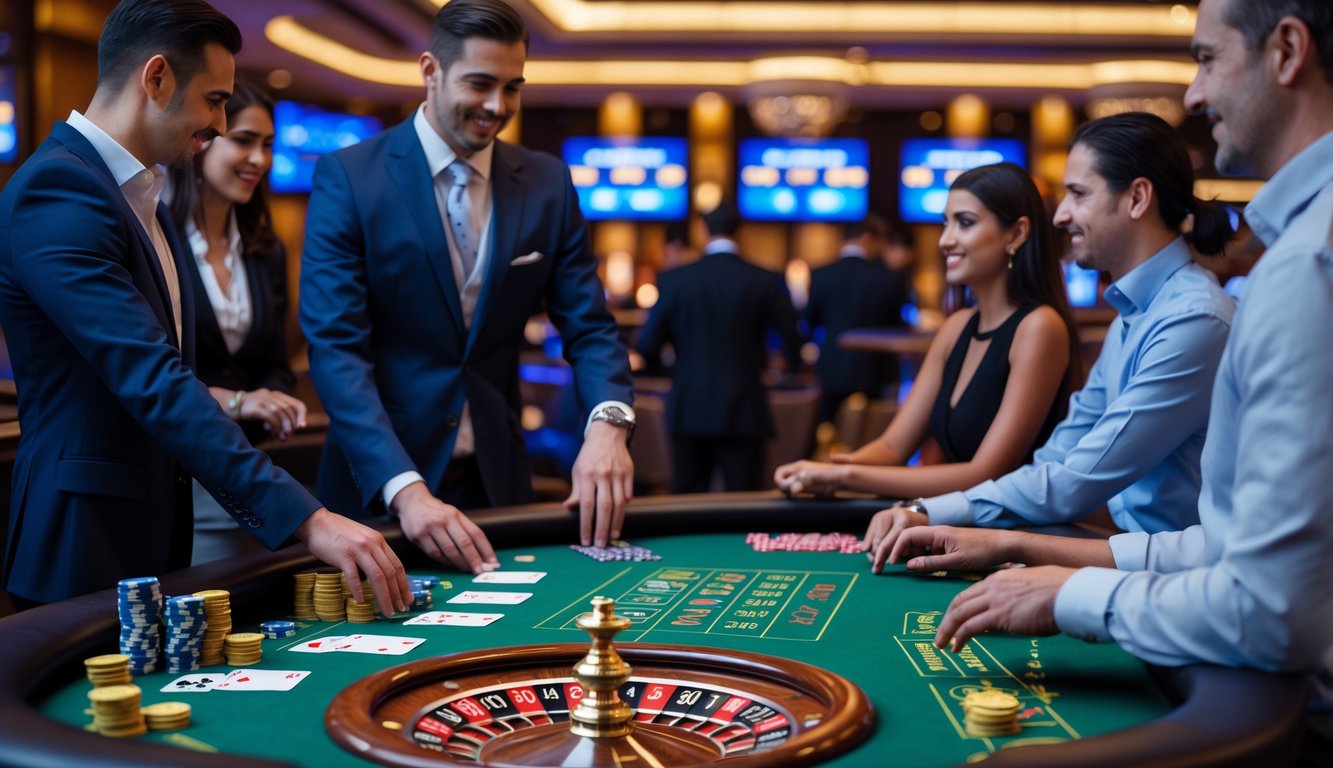 Seorang dealer dan beberapa pemain sedang bertaruh di meja kasino dengan kartu dan chip taruhan.