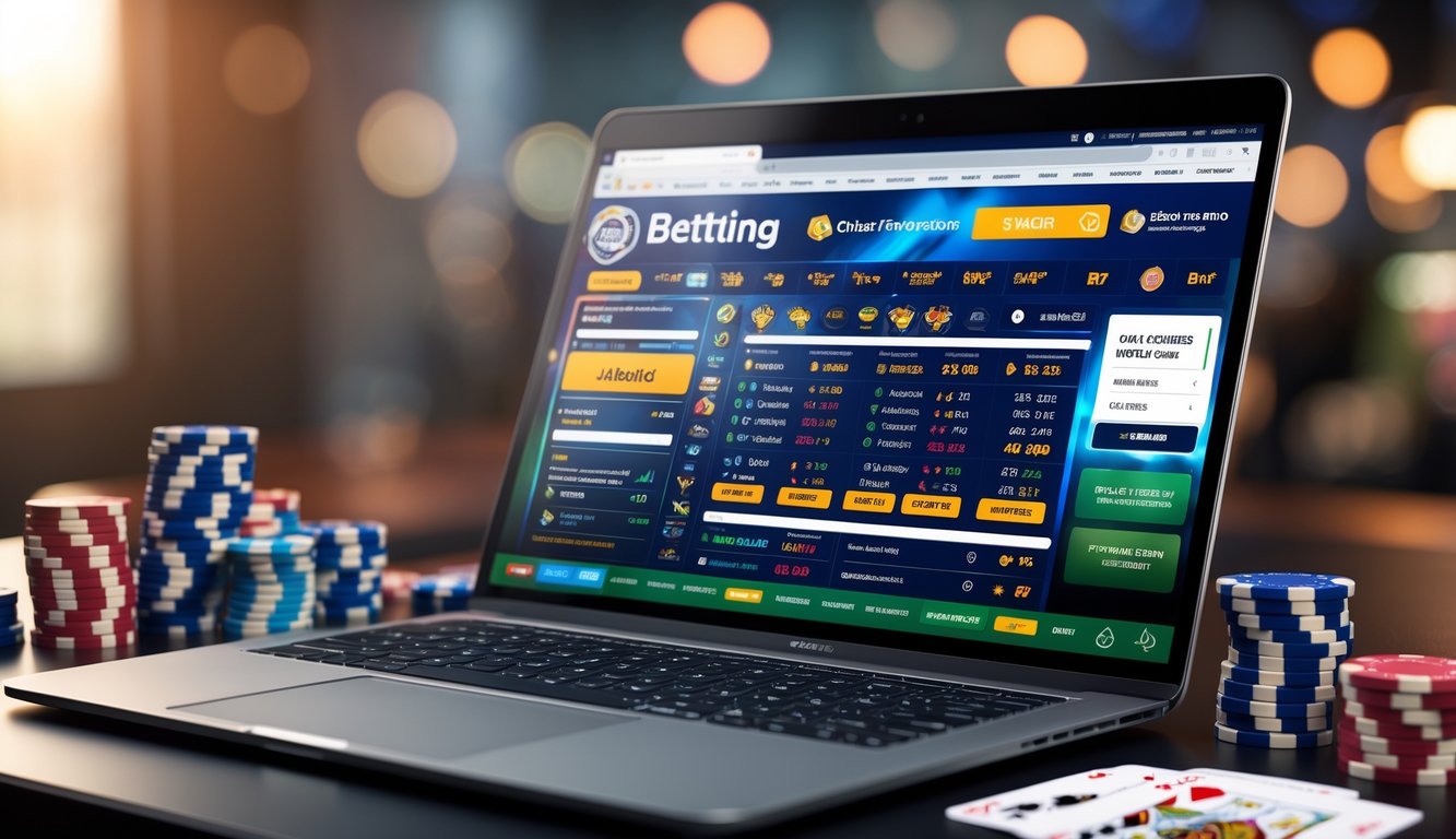 Sebuah ruang kerja modern dengan laptop yang menampilkan situs taruhan online dan beberapa chip poker serta kartu bermain di sekitarnya.