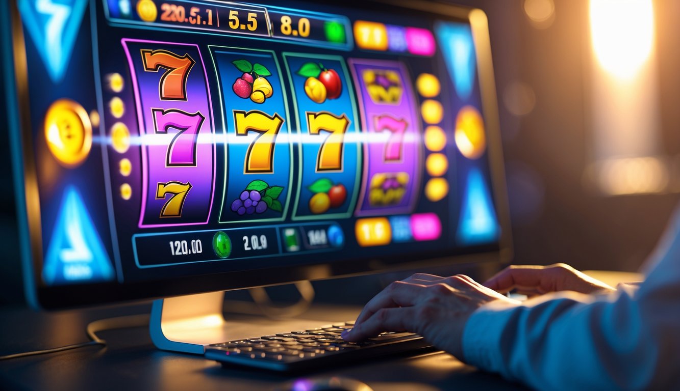 Seseorang sedang bermain permainan slot online di komputer dengan tampilan layar penuh simbol warna-warni dan latar belakang kabur.