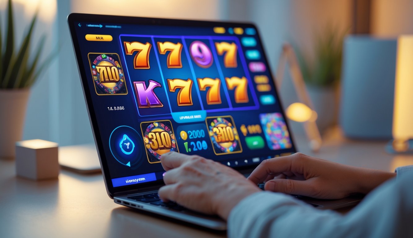 Seseorang menggunakan laptop dengan tampilan permainan slot online yang berwarna-warni di layar dalam suasana rumah yang nyaman.