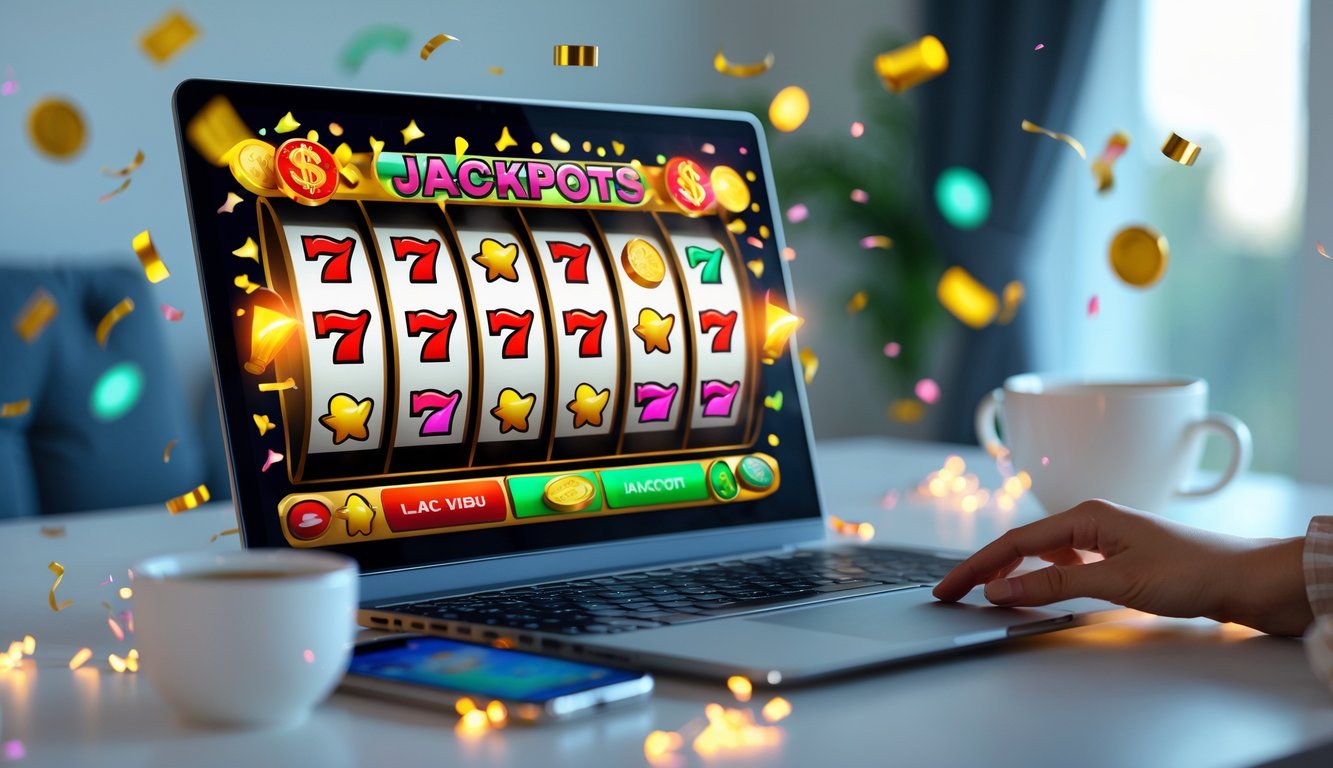 Sebuah komputer menampilkan gulungan mesin slot online yang berputar dengan simbol berwarna-warni dalam suasana kemenangan.