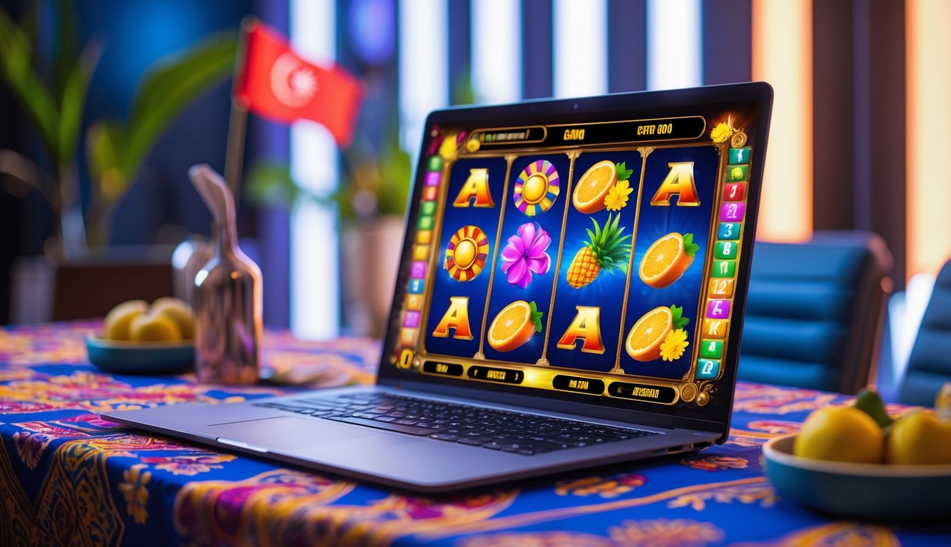 Seorang pria menggunakan laptop dengan permainan slot online di layar di sebuah ruangan dengan dekorasi khas Malaysia.