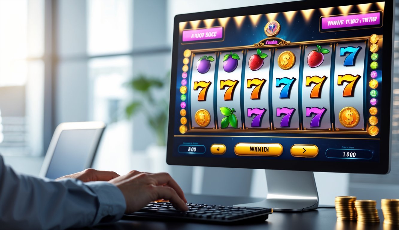 Layar komputer menampilkan permainan slot online dengan simbol berwarna cerah dan tangan seseorang yang sedang bermain.