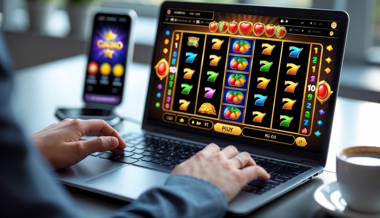 Seseorang bermain permainan slot online di laptop dengan latar belakang meja kerja dan ponsel di sampingnya.