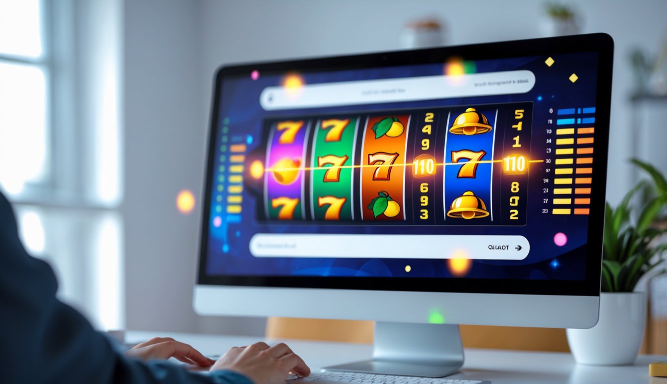 Layar komputer menampilkan permainan slot online dengan simbol warna-warni dan grafik yang menunjukkan tingkat pengembalian tinggi.