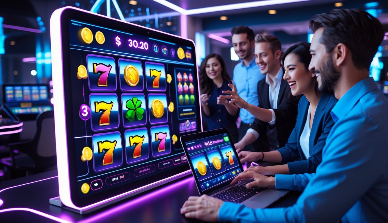 Orang-orang yang sedang bermain mesin slot online di perangkat digital dalam ruangan modern dengan pencahayaan cerah dan elemen teknologi canggih.